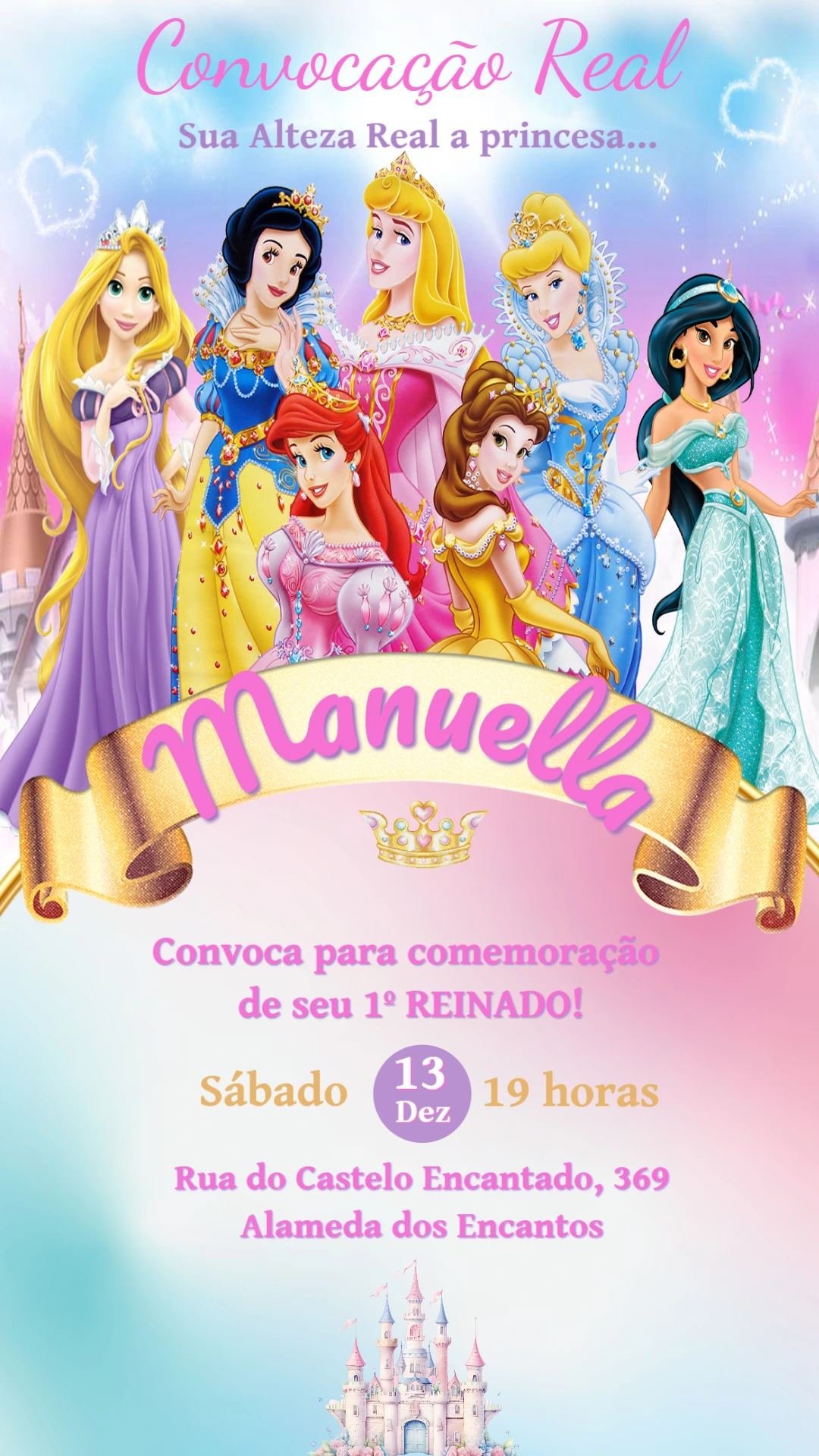 Convite de Aniversário Princesas Disney para Editar Online