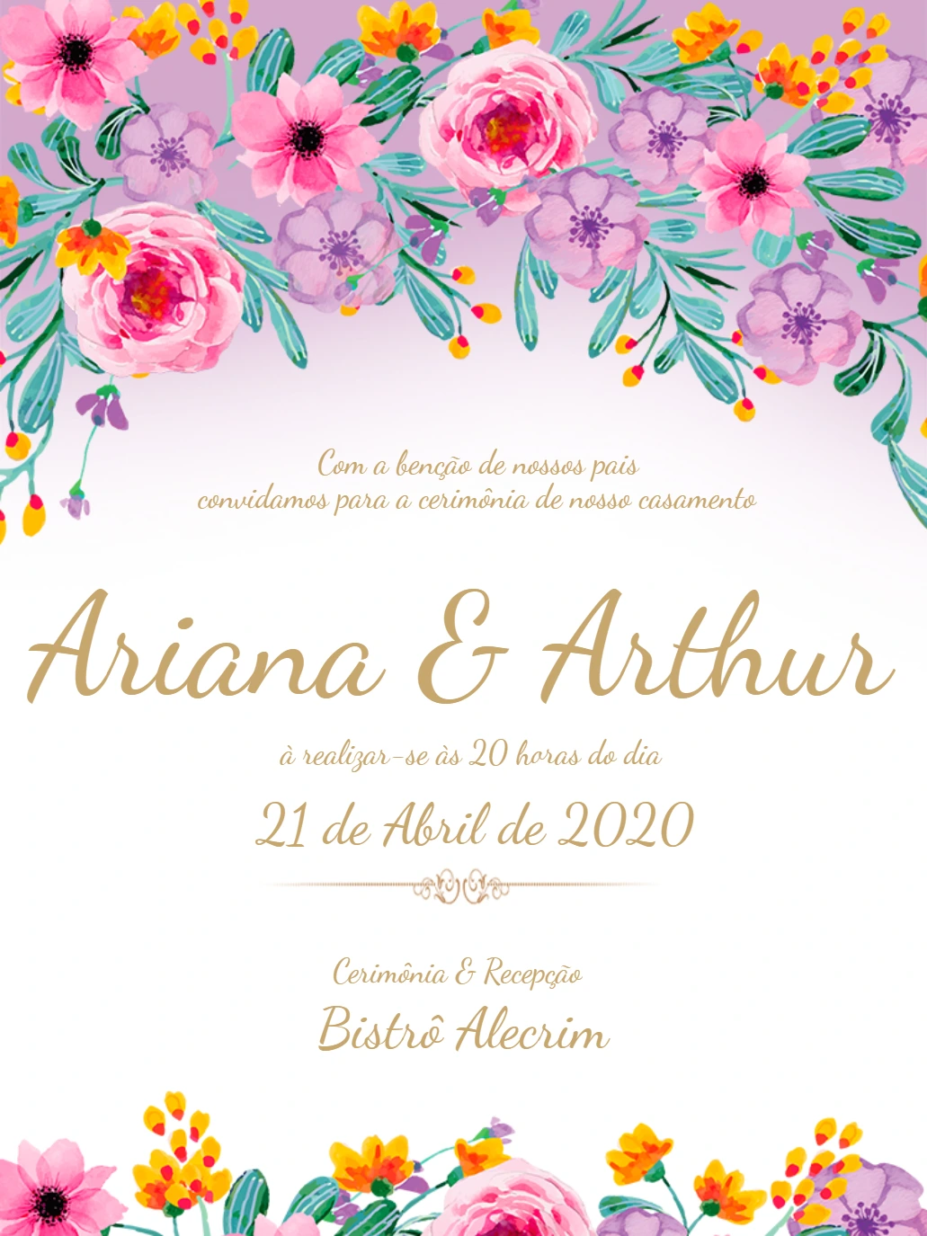 Convite de Casamento Floral Colorido para Editar Online