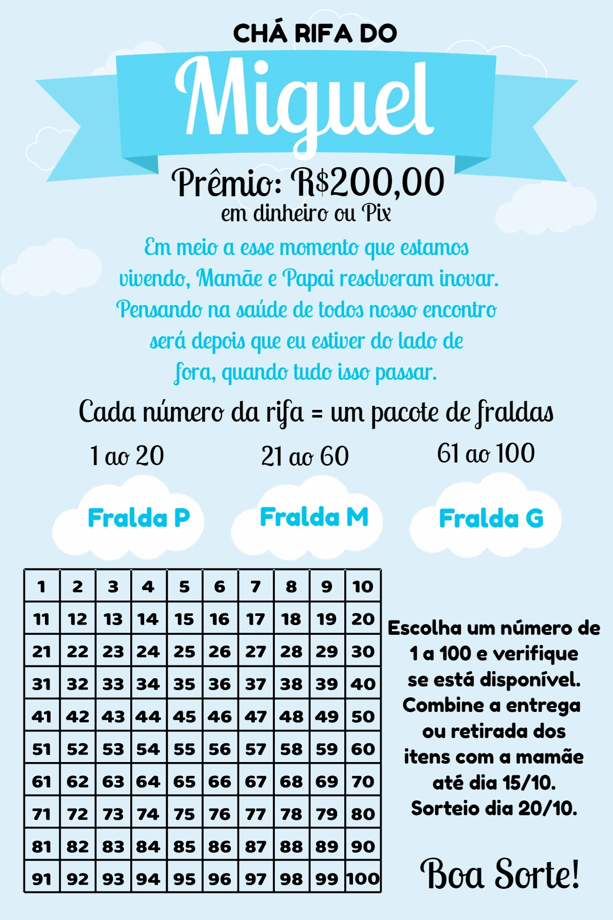 Convite Chá Rifa Menino com Nuvem Azul para Editar Online