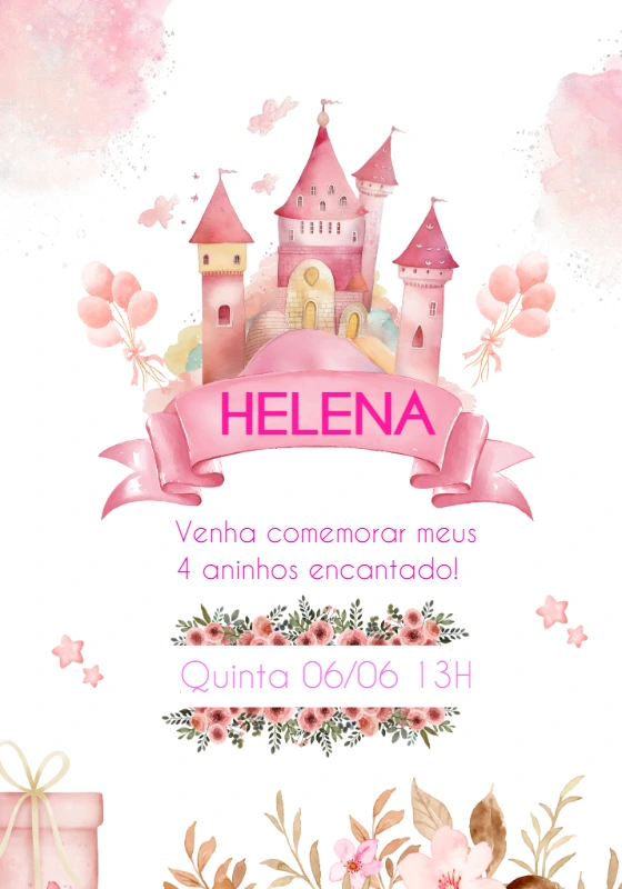 Convite Aniversário Castelo Encantado Rosa para Editar Online