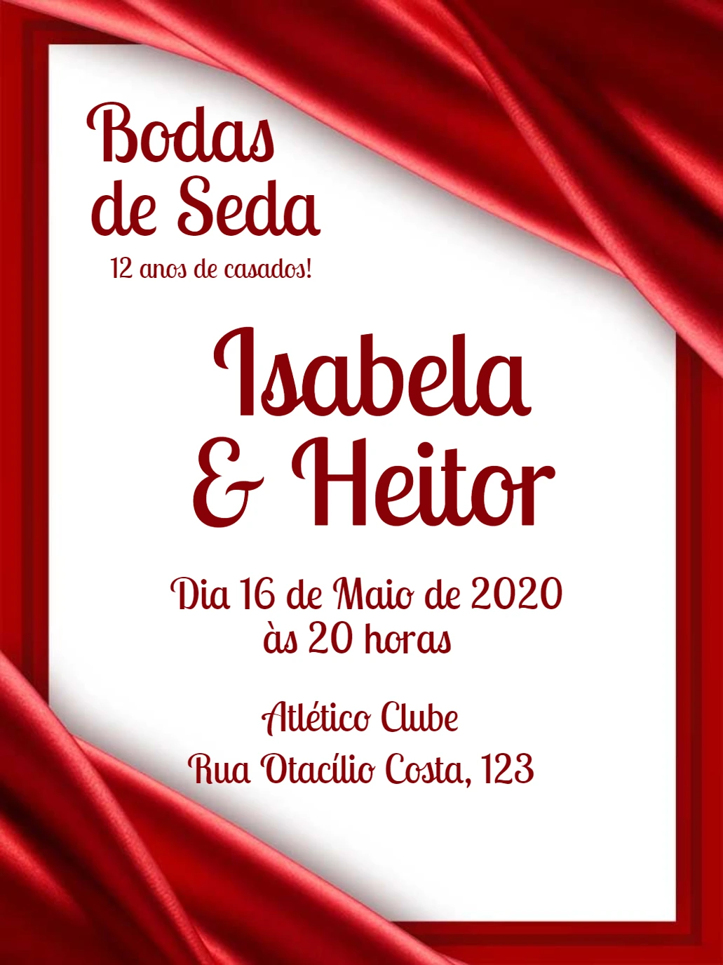 Convite Bodas de Seda Cetim Vermelho para Editar Online