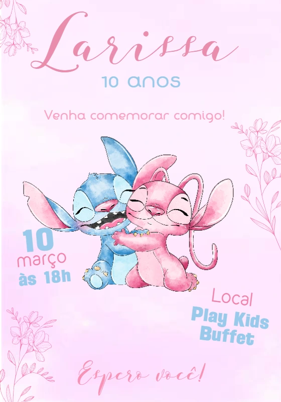 Convite de Aniversário Stitch e Angel Rosa para Editar