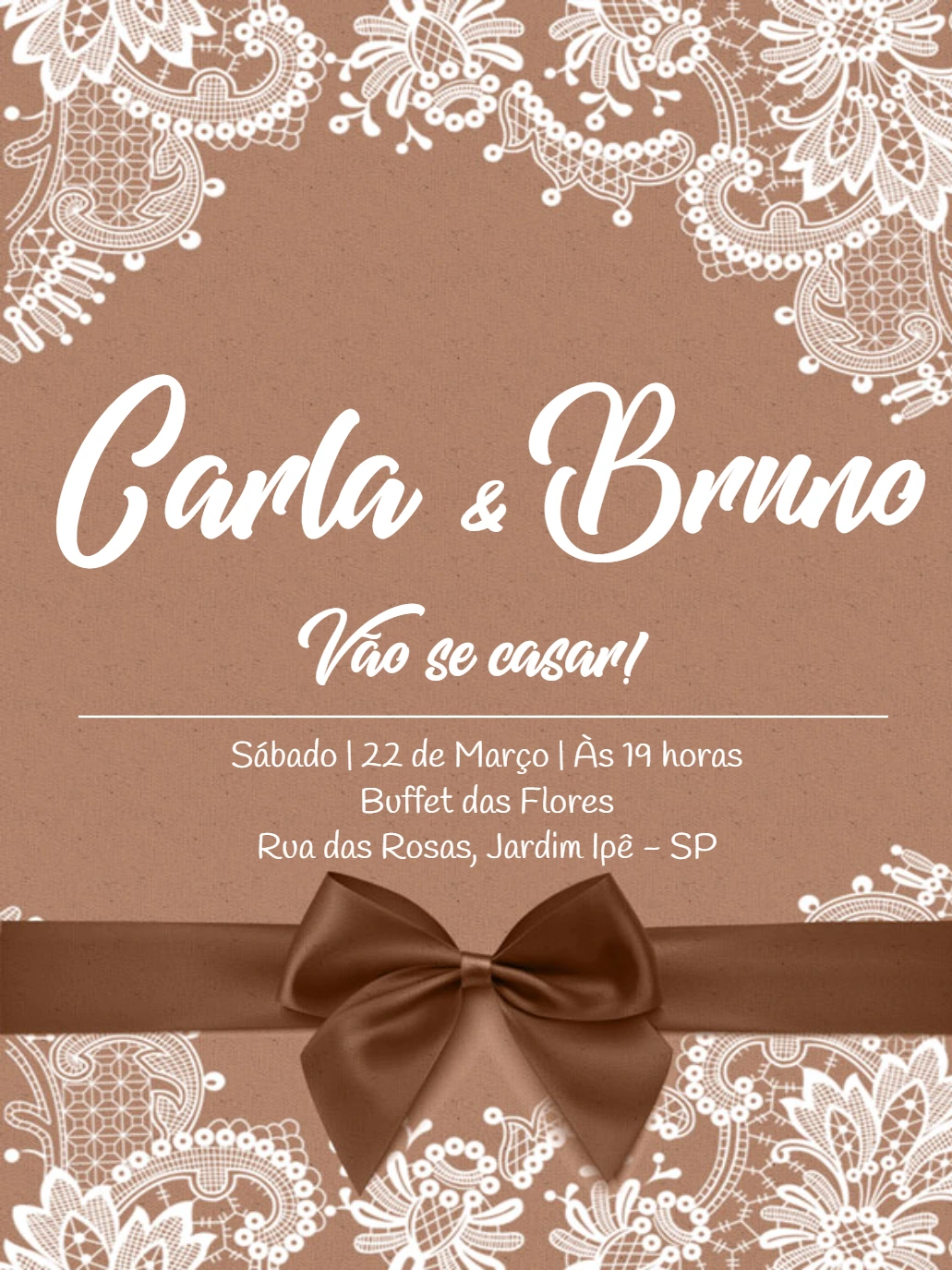 Convite de Casamento Rústico com Renda para Editar Online