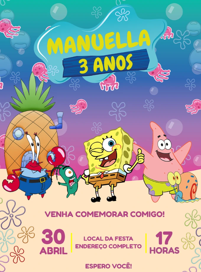 Convite Aniversário Bob Esponja com Personagens para Editar Online