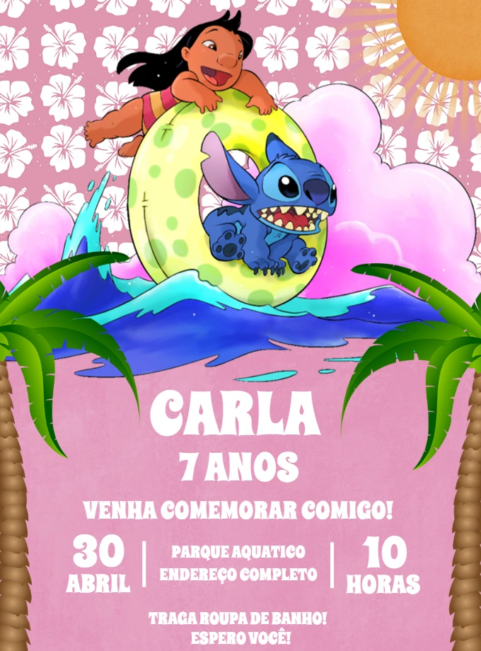Convite Aniversário Lilo e Stitch Pool Party para Editar