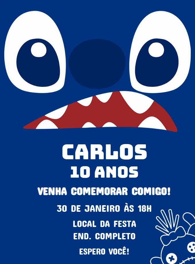 Convite Aniversário Stitch para Editar Online e Imprimir