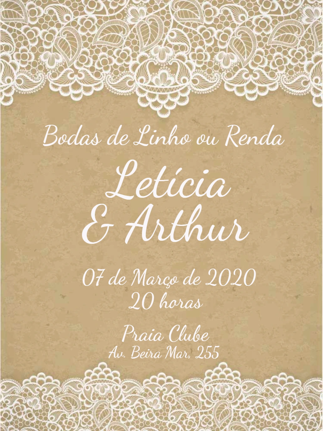 Convite Bodas de Linho ou Renda Rústico para Editar Online