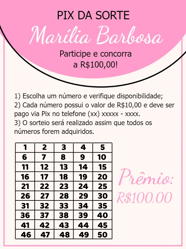 Rifa Pix da Sorte com Cartela de Números para Editar Online