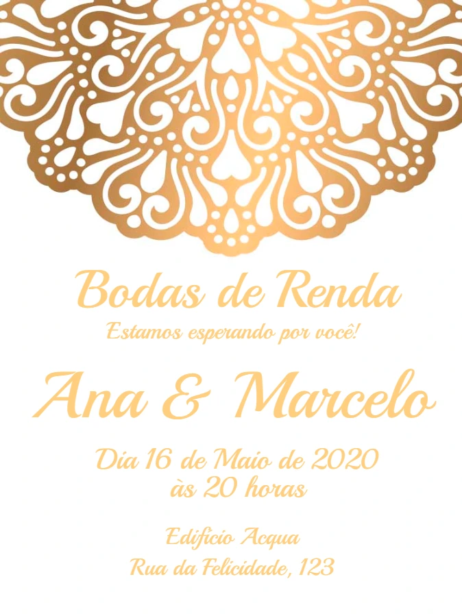 Convite Bodas de Renda Dourado para Editar Online
