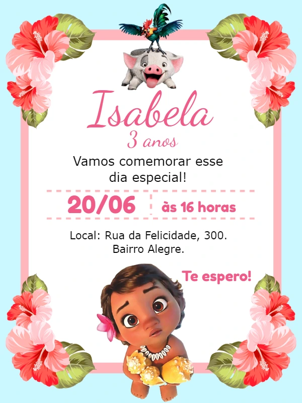Convite Aniversário Moana Baby com Personagens para Editar Online