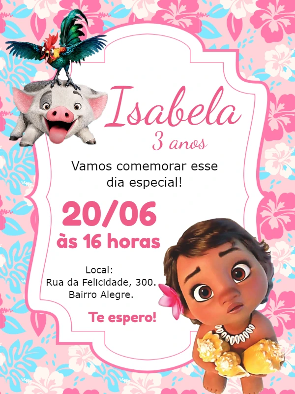 Convite Aniversário Moana Baby Rosa para Editar Online
