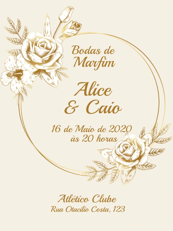 Convite Bodas de Marfim Floral Dourado para Editar Online