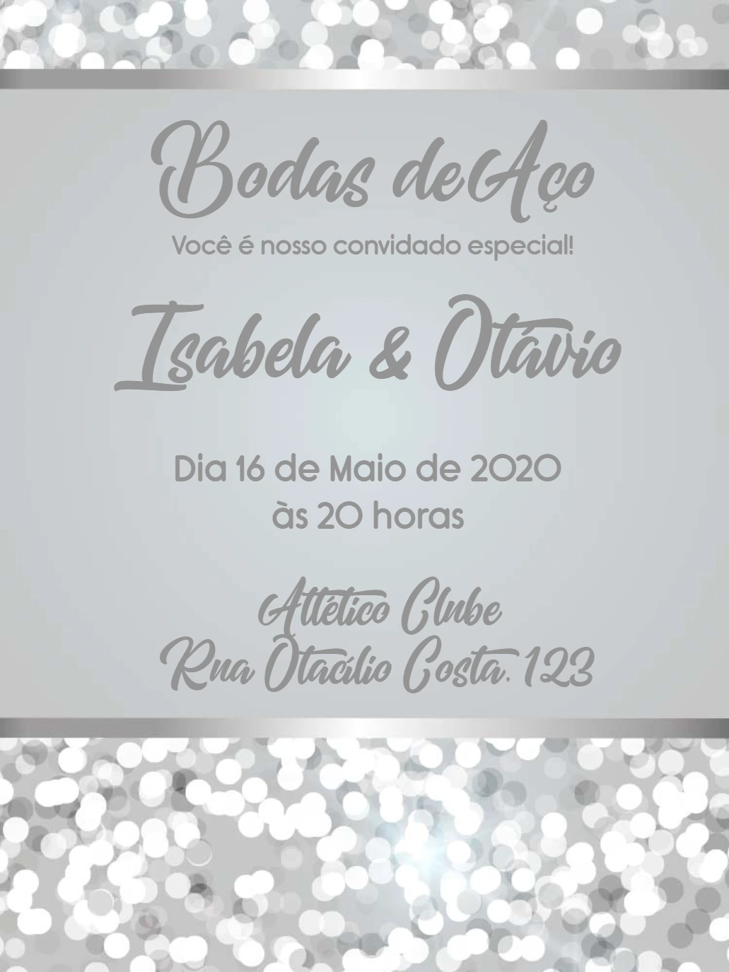 Convite Bodas de Aço Prata com Brilho para Editar Online