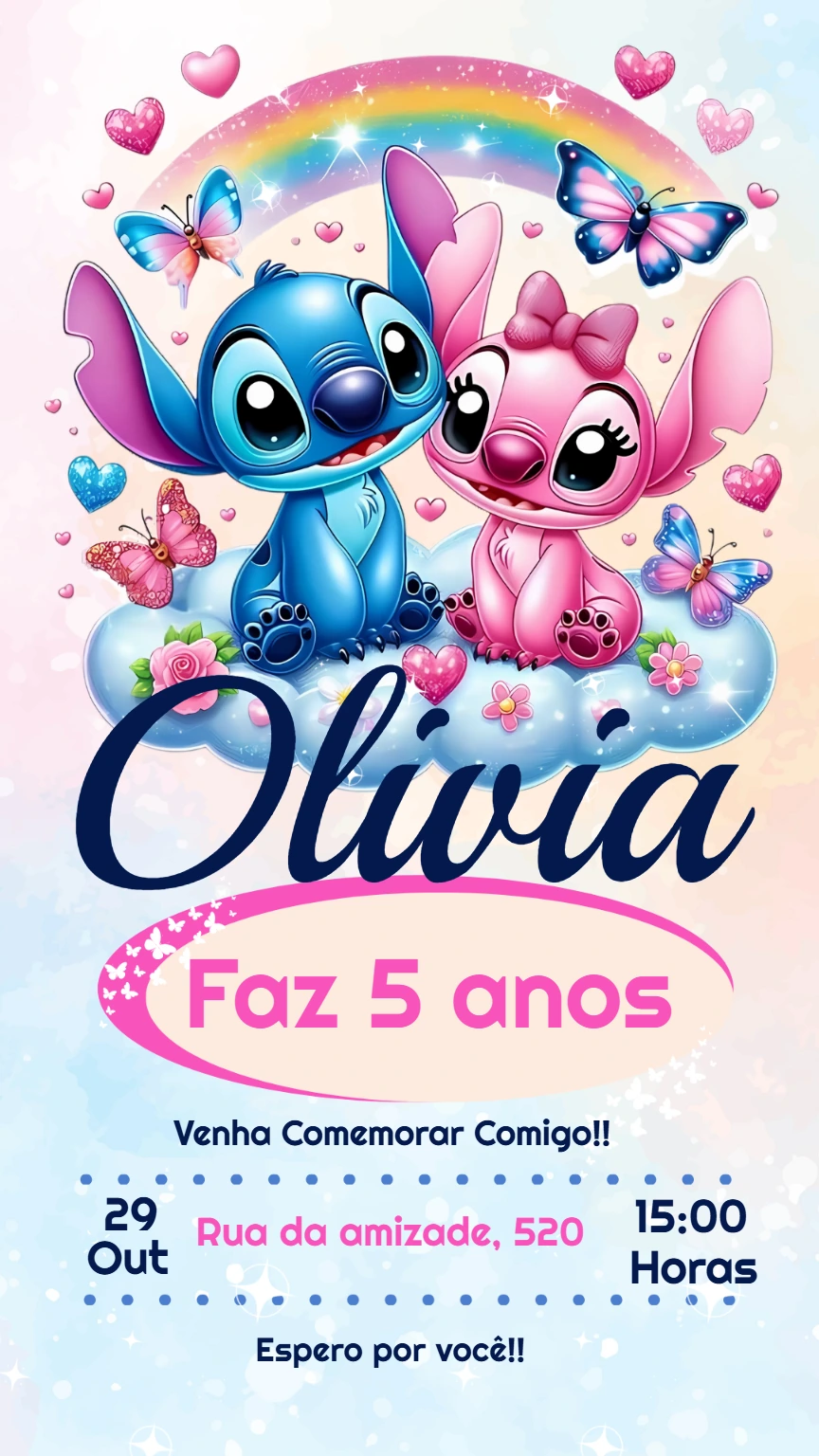 Convite Aniversário Stitch e Angel para Editar Online