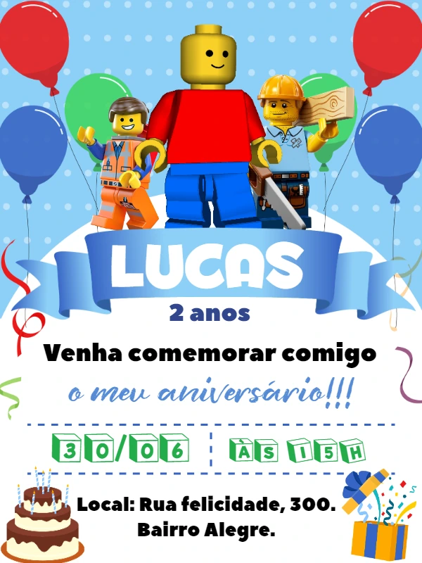 Convite de Aniversário Lego Blocos de Montar para Editar Online