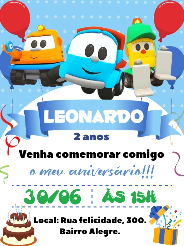Convite de Aniversário Léo o Caminhão para Editar Online