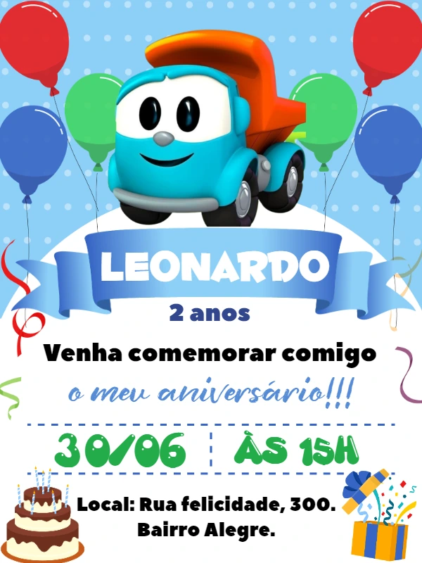 Convite Aniversário Léo o Caminhão para Editar Online