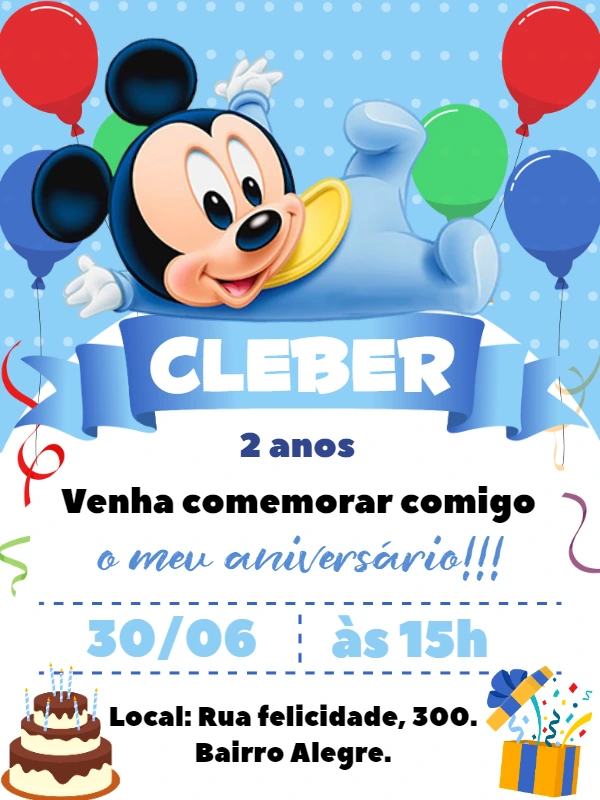 Convite Aniversário Mickey Baby Editável Online