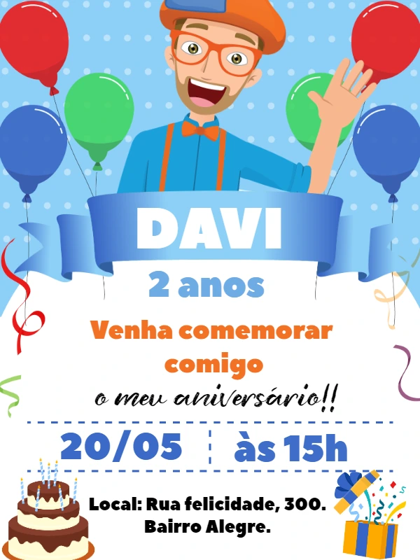 Convite de Aniversário Blippi com Personagem para Editar Online