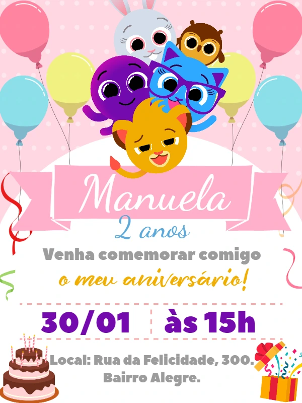 Convite de Aniversário Bolofofos Rosa para Editar Online