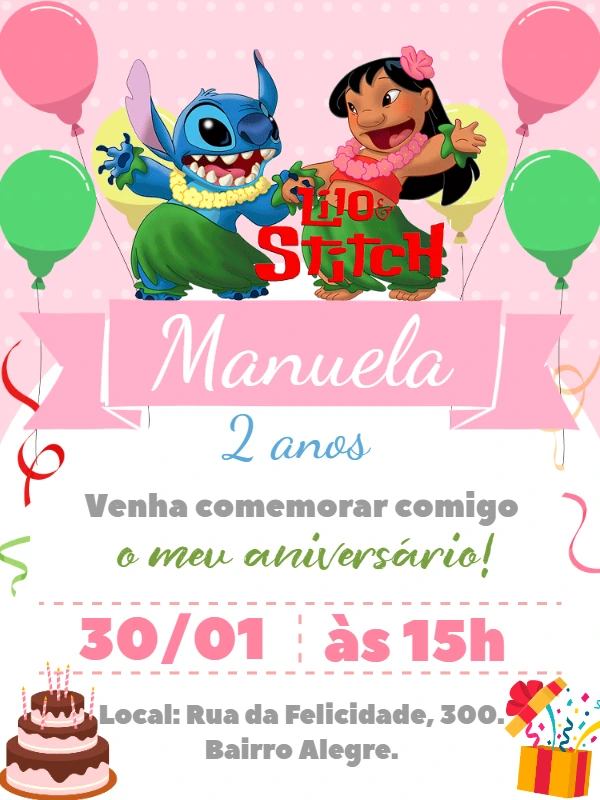Convite de Aniversário Lilo & Stitch Rosa para Editar Online