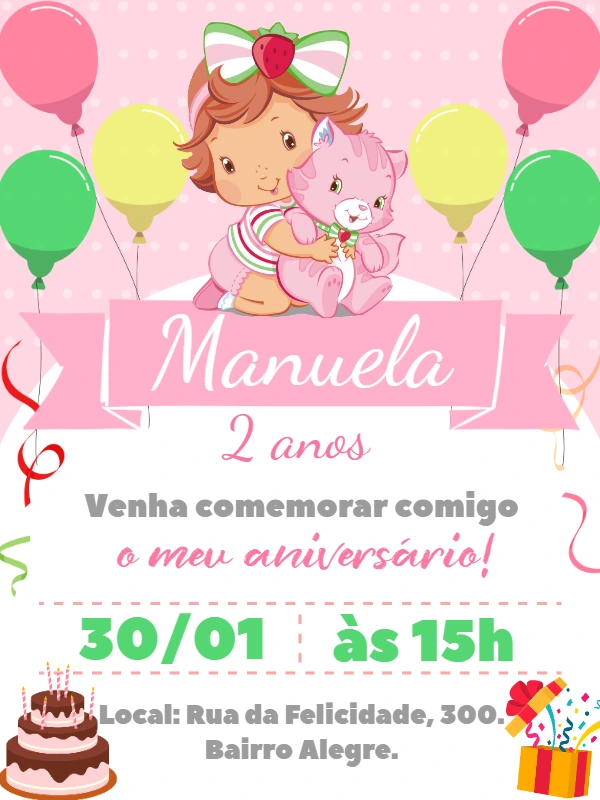 Convite de Aniversário Moranguinho Baby para Editar Online