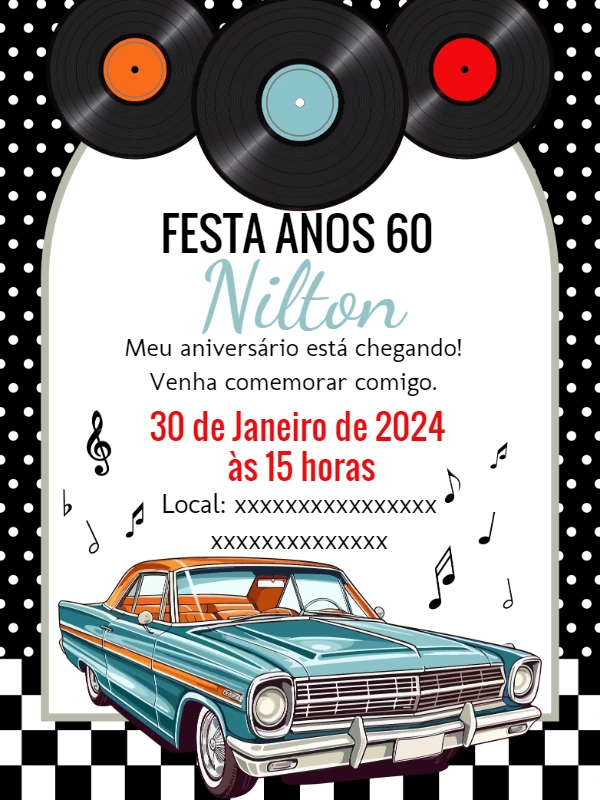Convite de Aniversário Anos 60 Vintage Editável Online