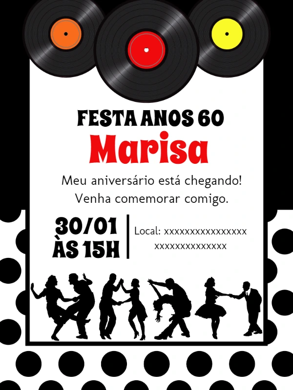 Convite Aniversário Anos 60 com Discos de Vinil para Editar