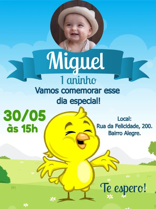Convite de Aniversário Pintinho Amarelinho com Foto para Editar
