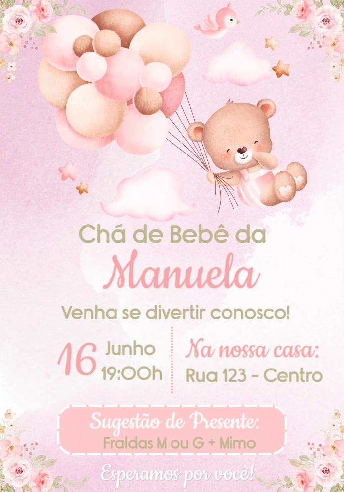 Convite Chá de Bebê Ursinha Baloeira para Editar Online
