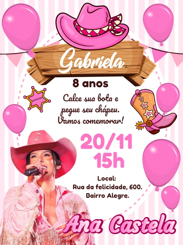Convite de Aniversário Ana Castela Boiadeira para Editar