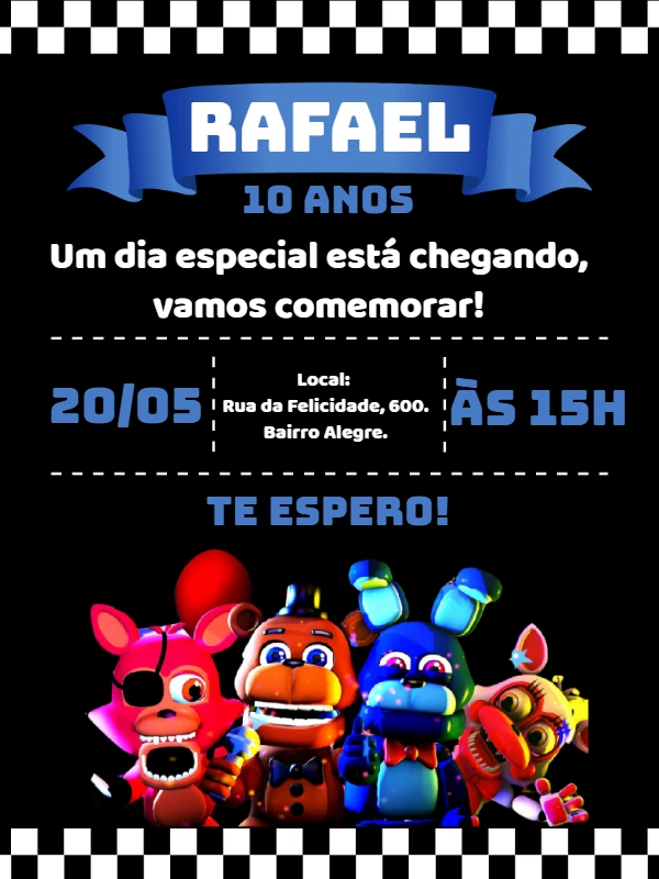 Convite Aniversário Five Nights at Freddy's para Editar Online