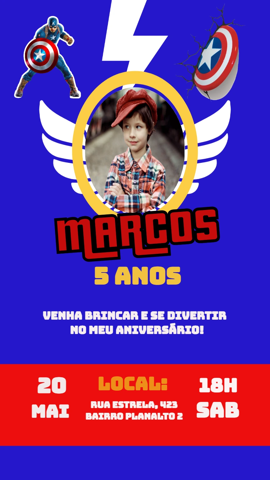 Convite Aniversário Capitão América com Foto para Editar Online