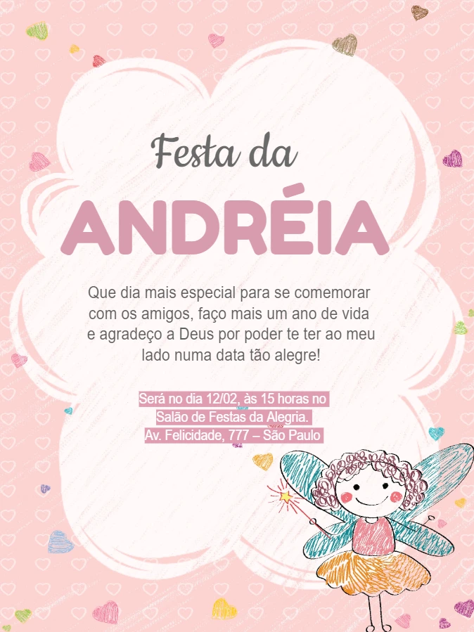 Convite de Aniversário Fada Rosa para Editar Online