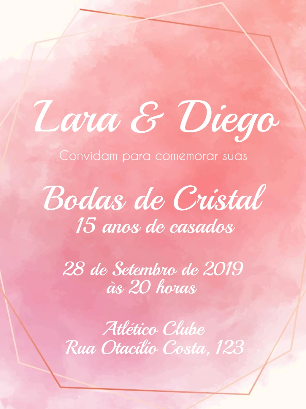 Convite Bodas de Cristal Aquarela Rosa para Editar Online