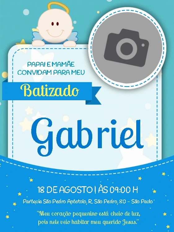 Convite de Batizado com Foto de Anjinho para Editar