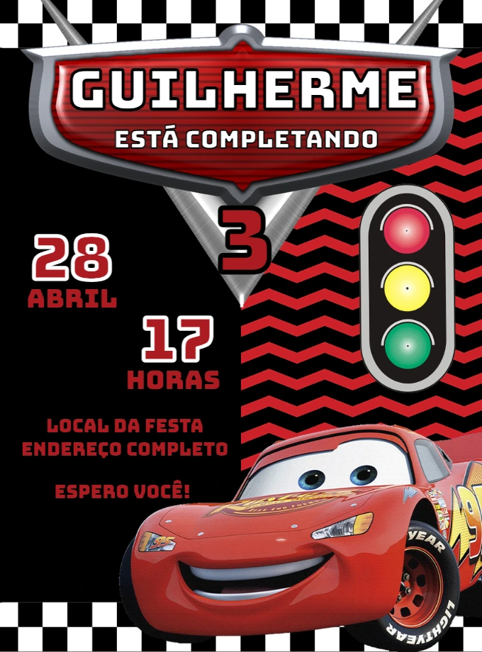Convite Aniversário Carros Relâmpago McQueen para Editar Online