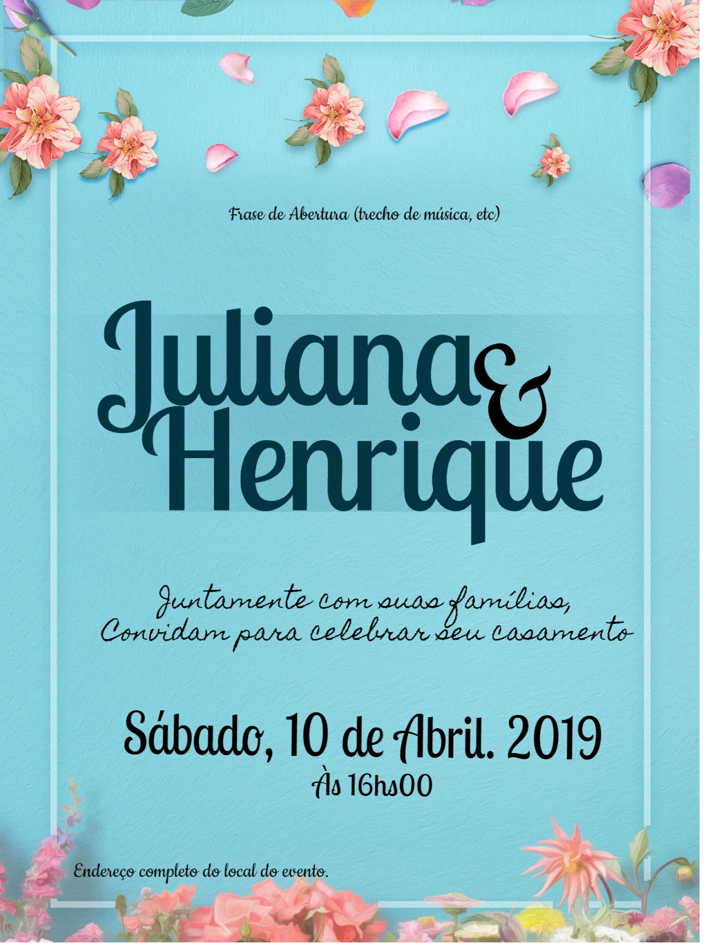 Convite de Casamento Floral Azul para Editar Online