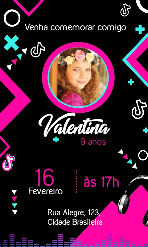 Convite de Aniversário Tik Tok com Foto para Editar Online