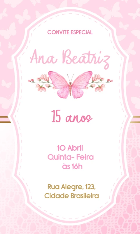 Convite Aniversário 15 anos Borboletas para Editar Online