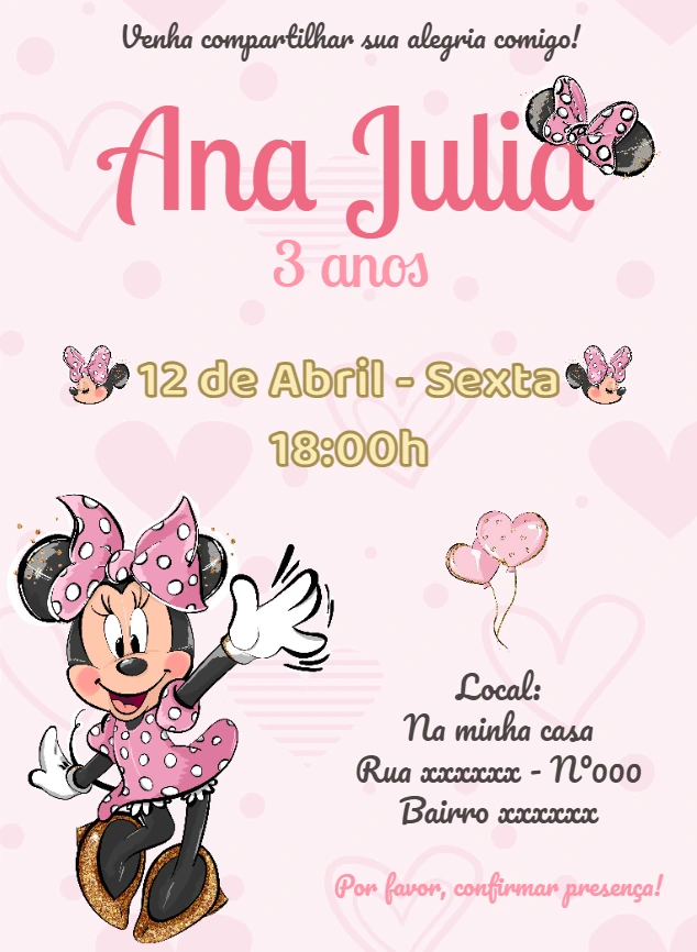 Convite de Aniversário Minnie Rosa para Editar Online