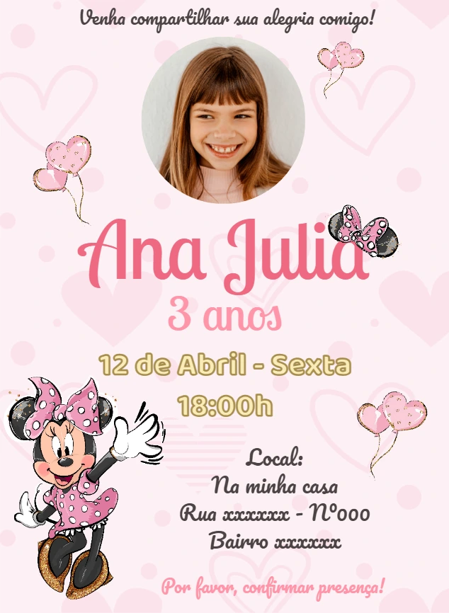 Convite Aniversário Minnie Rosa com Foto para Editar Online