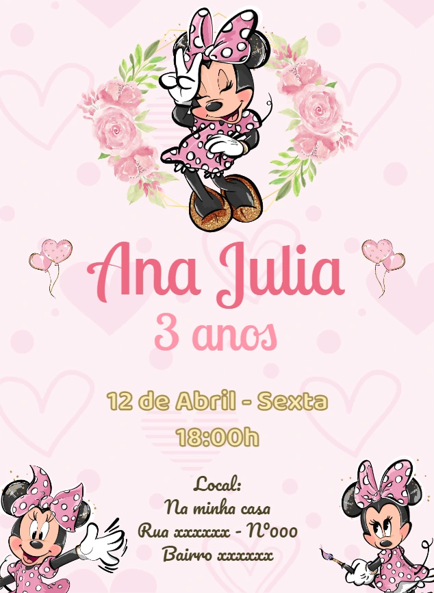 Convite Aniversário Minnie Rosa Editável para Imprimir