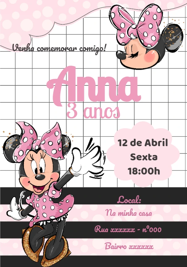 Convite de Aniversário Minnie Mouse Rosa para Editar Online