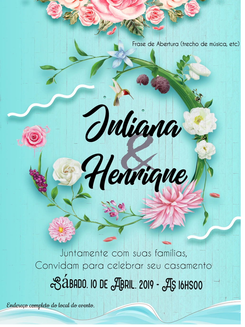 Convite de Casamento Floral Azul para Editar Online