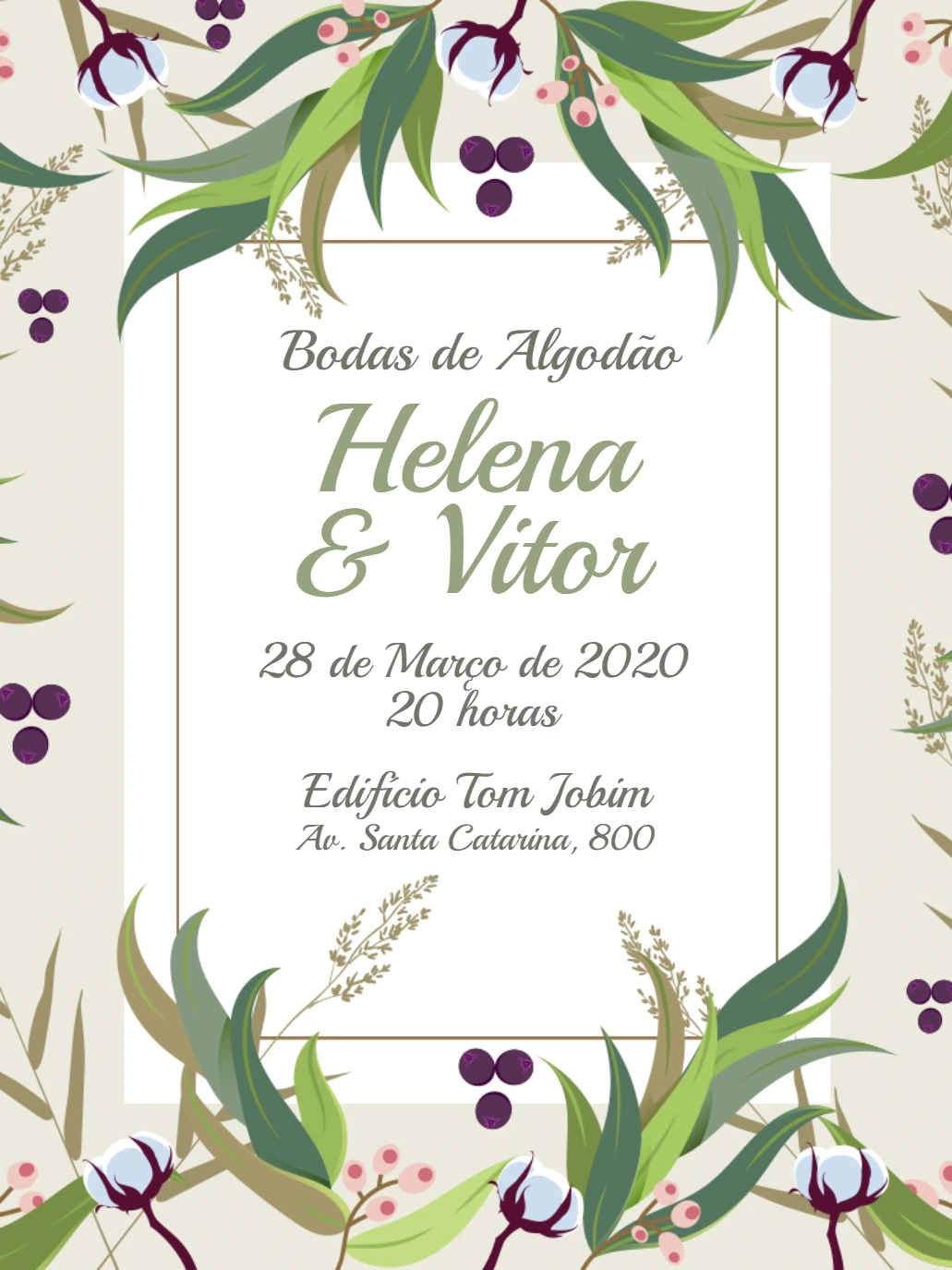 Convite Bodas de Algodão Floral para Editar Online