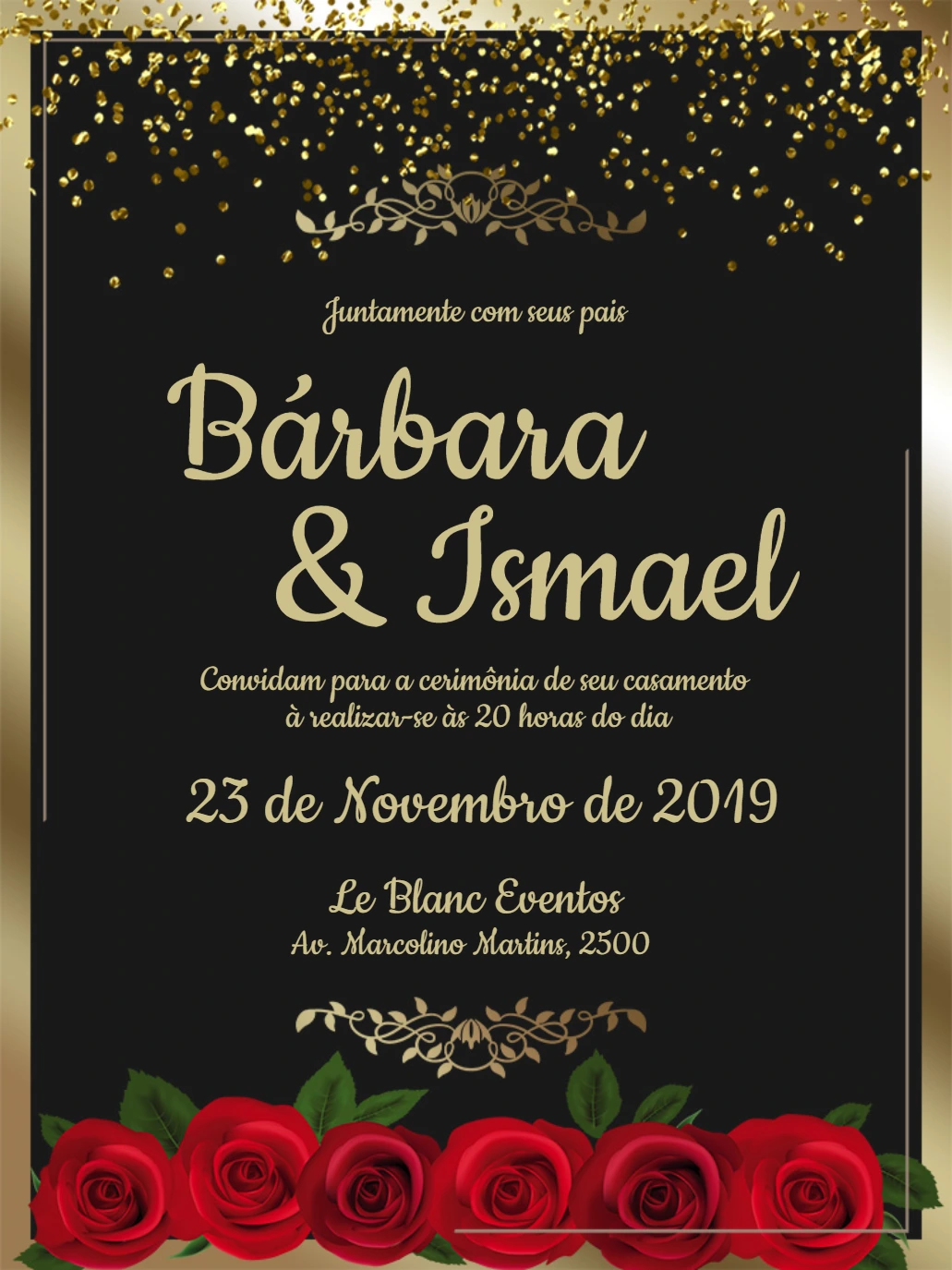 Convite de Casamento Rosas Vermelhas e Dourado para Editar