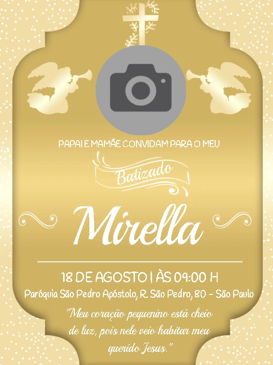 Convite de Batizado Dourado com Foto para Editar Online