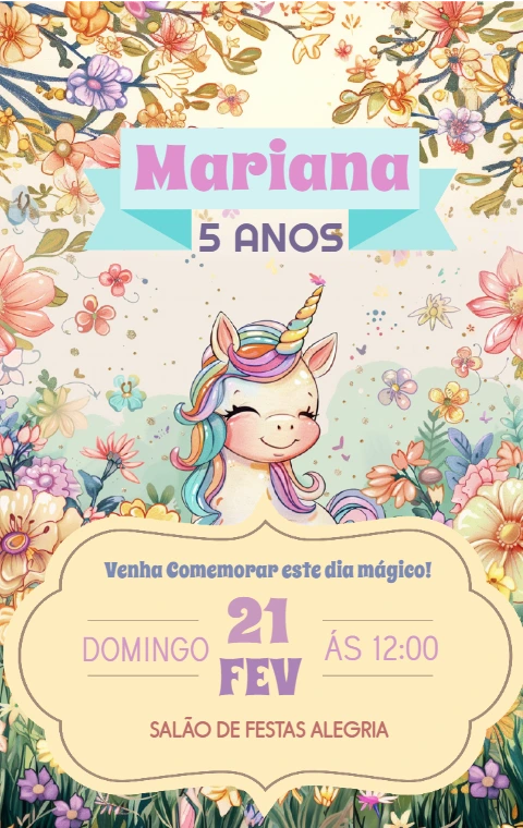 Convite de Aniversário Unicórnio Floral para Editar Online