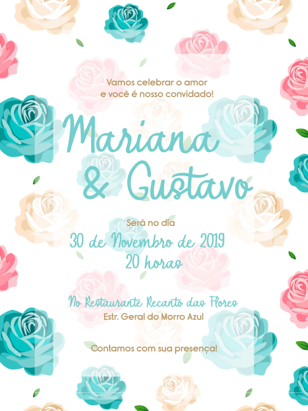 Convite de Casamento com Rosas Coloridas para Editar Online